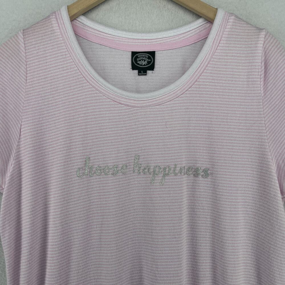 LAURA ASHLEY Nightgown L Choose Happiness Striped Shirt Dress Lounge Pajama Pink